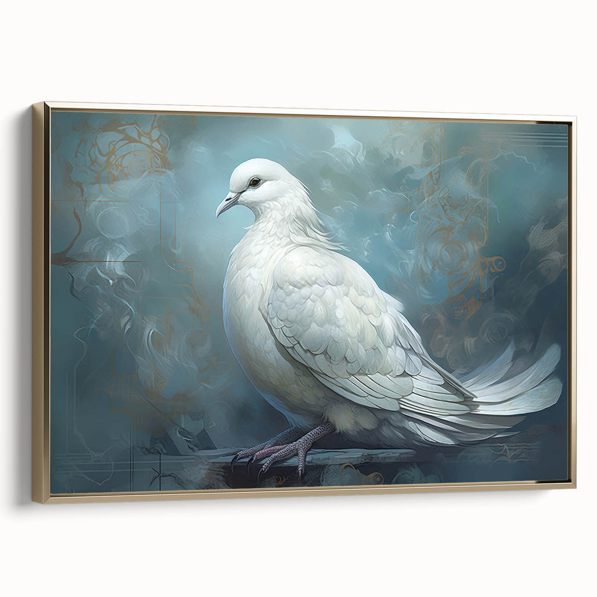 Framed wall art showcasing a gold-side view design of doves, perfect for elegant home decor. Ideal for adding a touch of sophistication to any space.