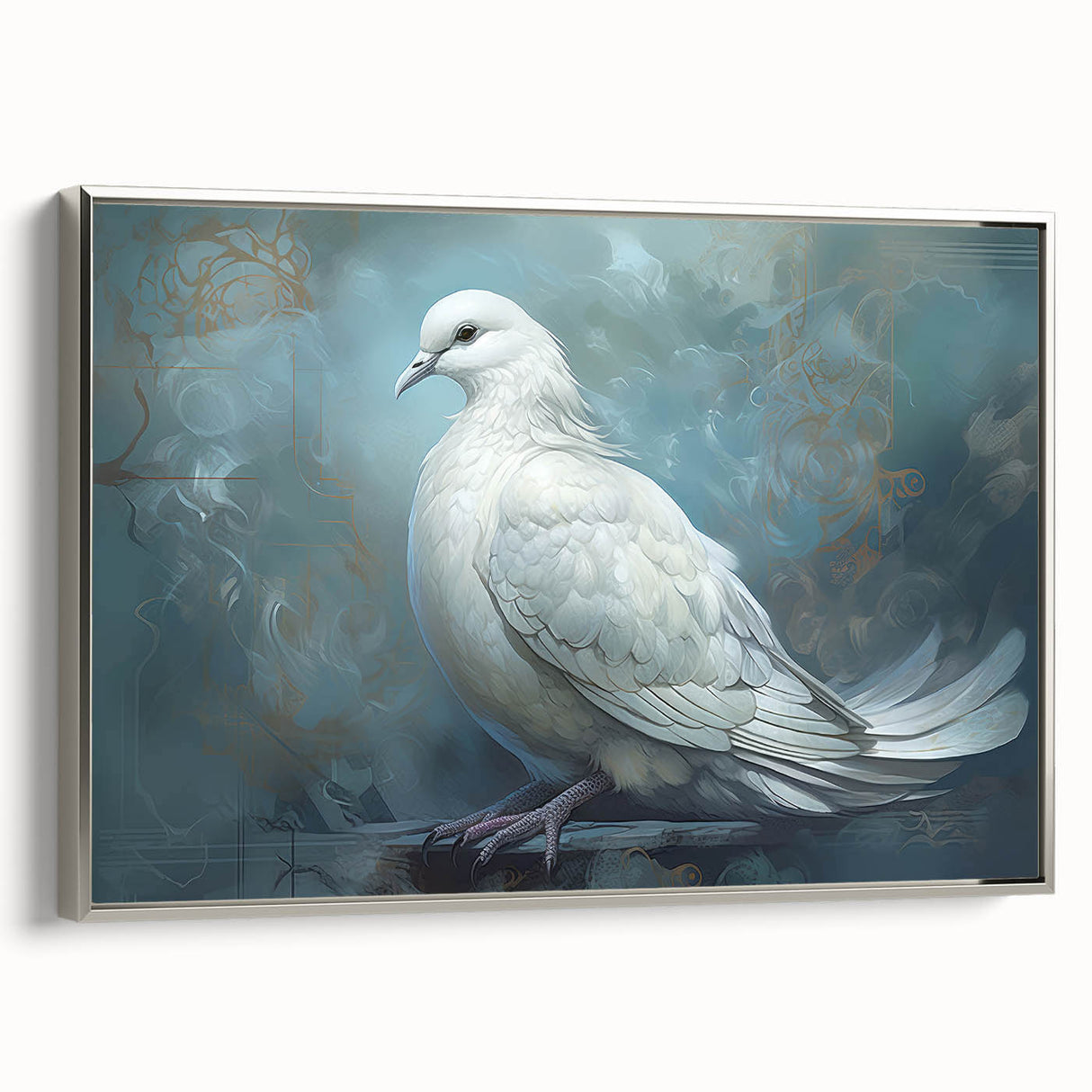Framed wall art featuring a silver-bordered canvas print of doves in flight, showcasing a serene design ideal for home decor. Perfect for bird lovers and modern aesthetics.