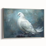 Framed wall art featuring a silver-bordered canvas print of doves in flight, showcasing a serene design ideal for home decor. Perfect for bird lovers and modern aesthetics.