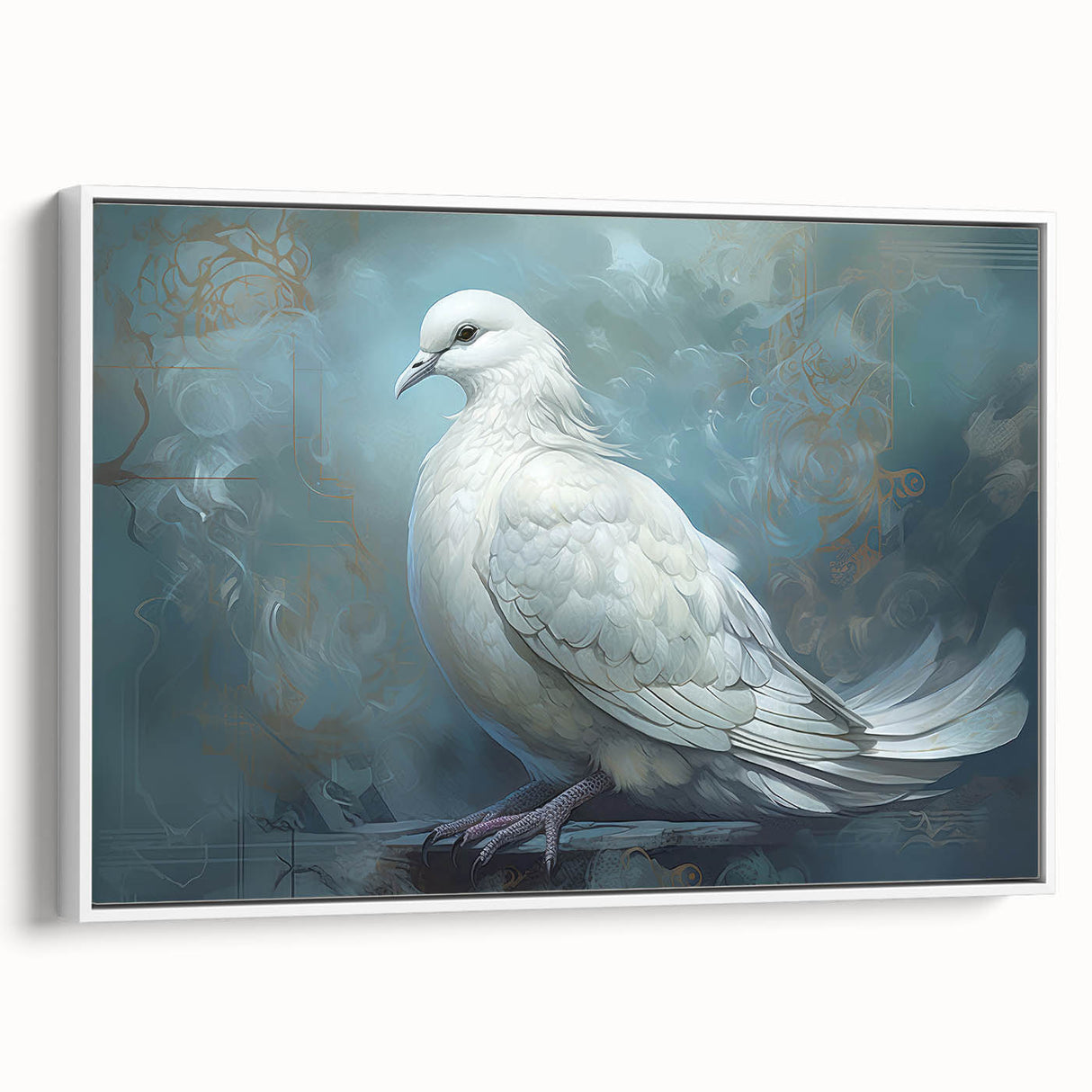Framed wall art showcasing a serene dove design on a white canvas background, perfect for home decor. Side view highlights the sleek frame and modern aesthetics.