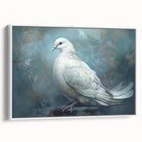 Framed wall art showcasing a serene dove design on a white canvas background, perfect for home decor. Side view highlights the sleek frame and modern aesthetics.