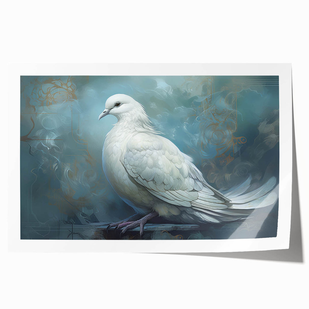 Dove design rolled wall art print showcasing intricate details in soft pastel colors, ideal for home decor. Packaged securely in a cardboard tube for easy shipping.