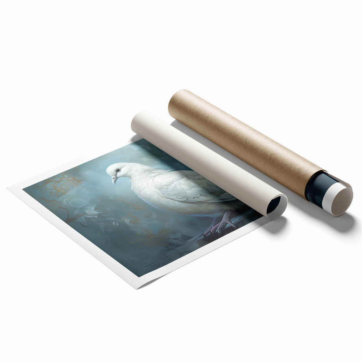 Rolled print showcasing a delicate dove design in soft pastel colors, ideal for home decor and art enthusiasts, presented in a protective cardboard tube for safe shipping.