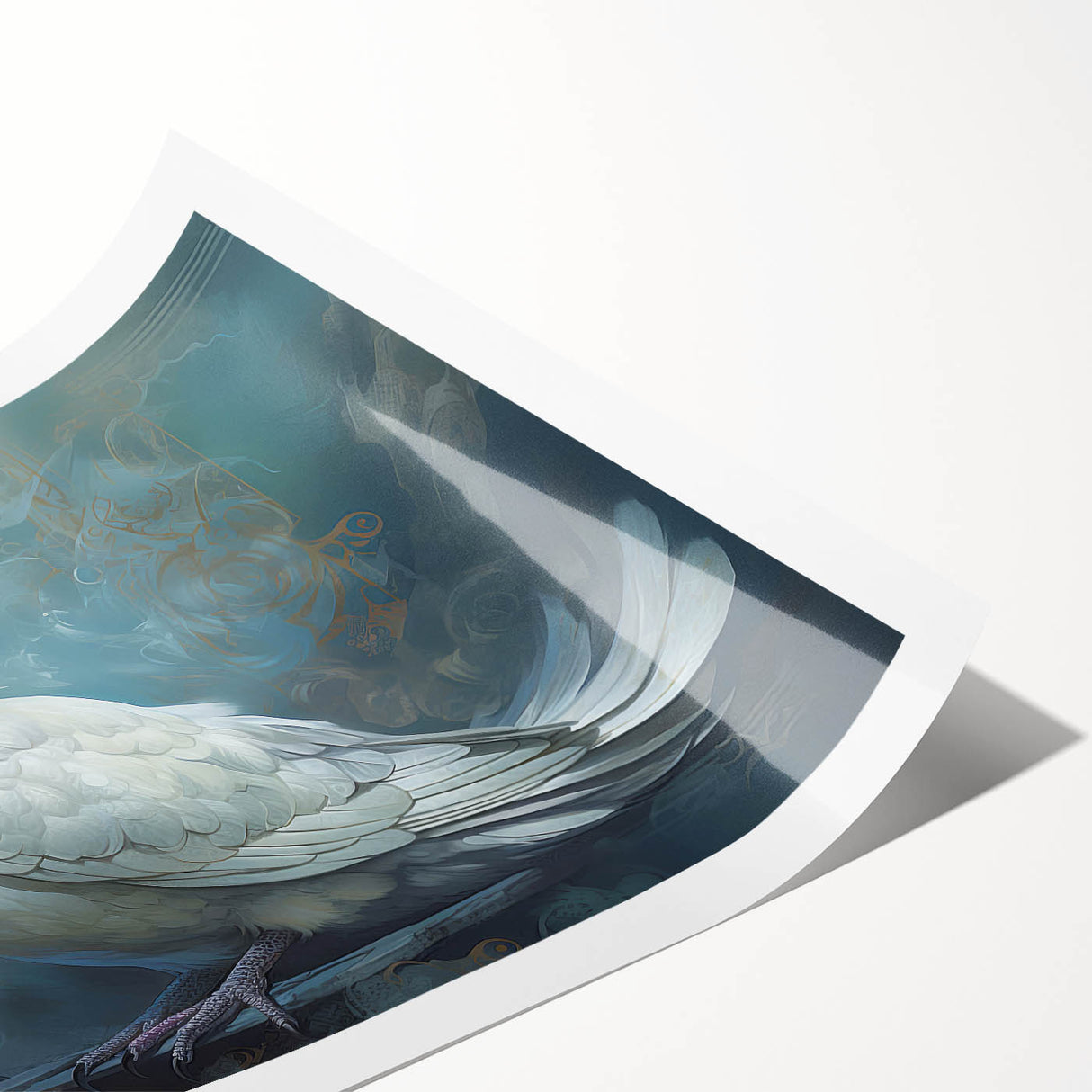 Rolled print of a serene dove design, featuring soft pastel colors and intricate details, designed for wall art collection, elegantly packaged in a protective tube.