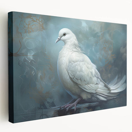 Elegant stretched canvas wall art depicting a serene dove design in soft white and gray hues, showcasing a side view that highlights its modern aesthetic. Perfect for enhancing home decor with a touch of nature-inspired tranquility.