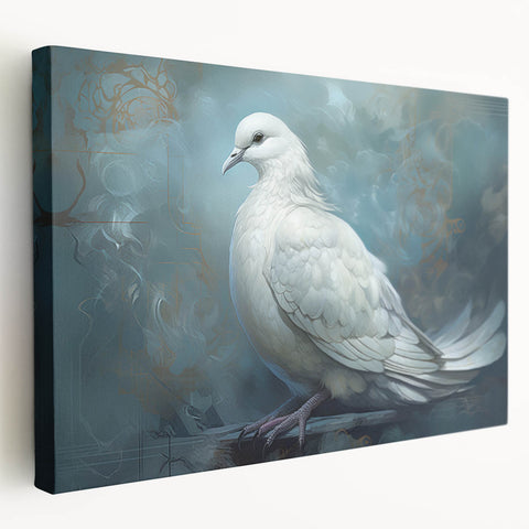 Elegant stretched canvas wall art depicting a serene dove design in soft white and gray hues, showcasing a side view that highlights its modern aesthetic. Perfect for enhancing home decor with a touch of nature-inspired tranquility.