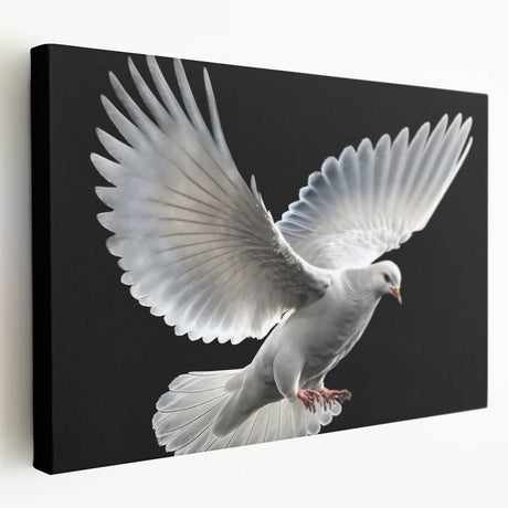 Stretched canvas wall art featuring a serene dove design in soft blue and white tones, showcasing intricate details and a sleek side view for modern decor.
