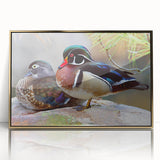 Framed wall art featuring a vibrant duck design with gold accents, set against a contrasting background, ideal for enhancing modern home decor.