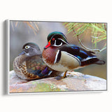 Framed wall art featuring a whimsical duck design in vibrant colors, set against a white background, showcasing a side view that highlights its artistic details and modern decor appeal. Perfect for adding a playful touch to any room.