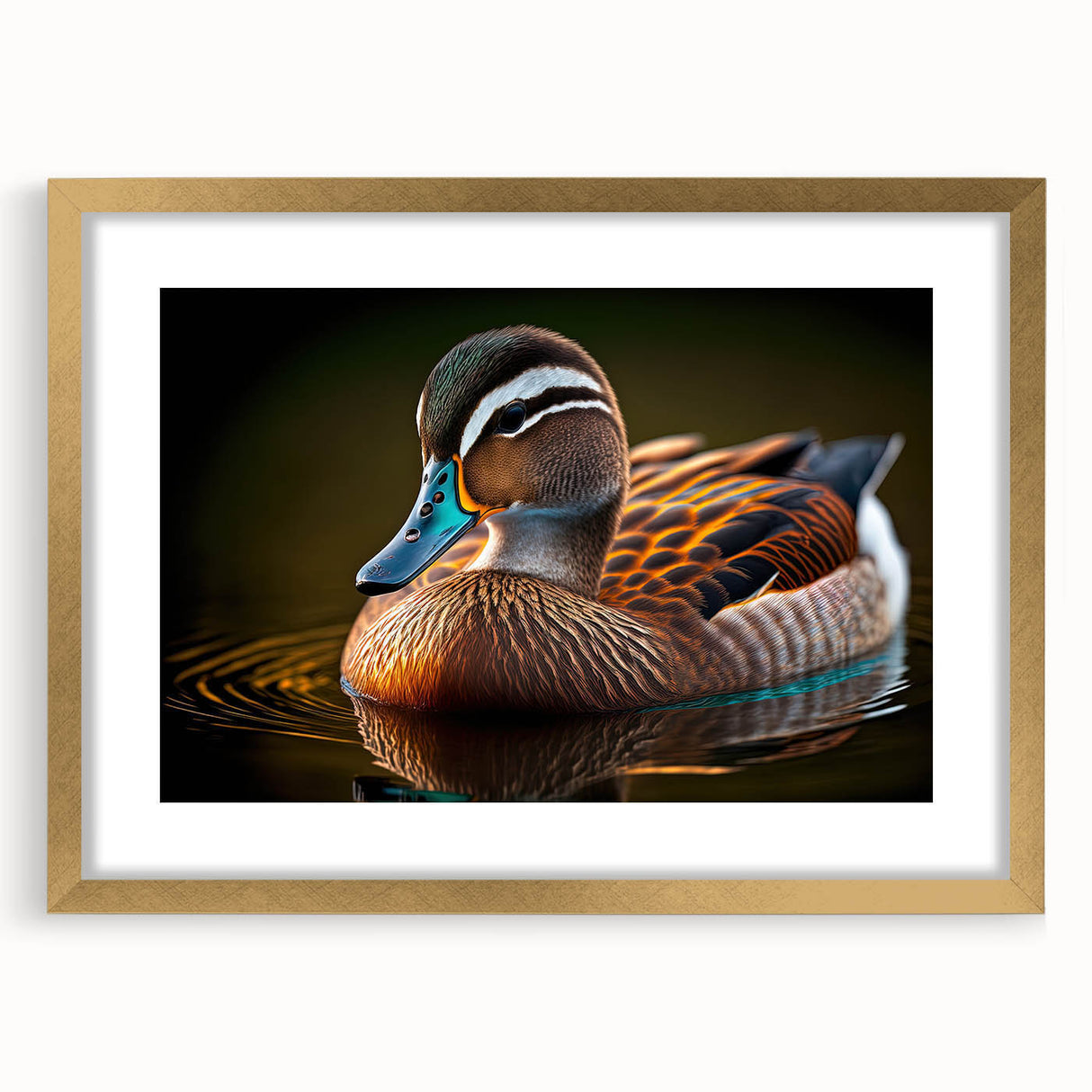 Framed wall art collection showcasing a decorative duck design with a gold mat and frame, perfect for enhancing home decor with an elegant touch.