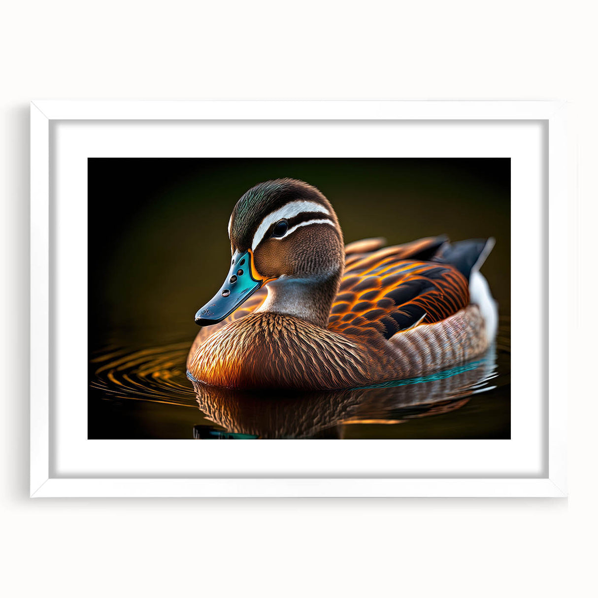 Framed wall art featuring a charming duck design, set in a white mat with a sleek frame, perfect for home decor and enhancing modern interiors. Ideal for bird lovers and art enthusiasts.