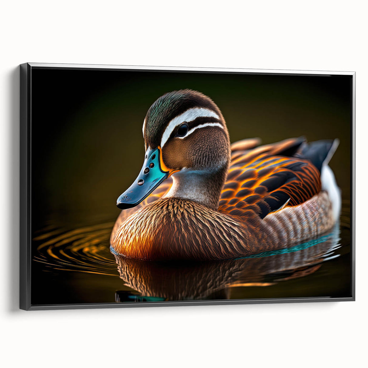 Framed wall art featuring a contemporary duck design on a black canvas, showcasing vibrant colors and intricate details, perfect for modern home decor.