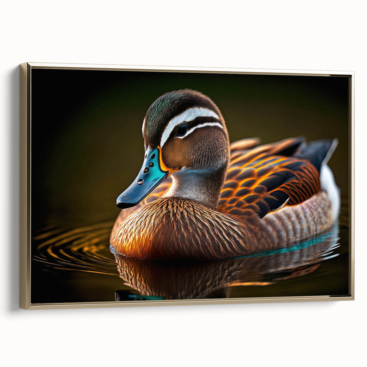 Framed wall art featuring a stylish duck design on canvas, accented with gold trim. The piece showcases vibrant colors and intricate details, perfect for enhancing modern home decor.