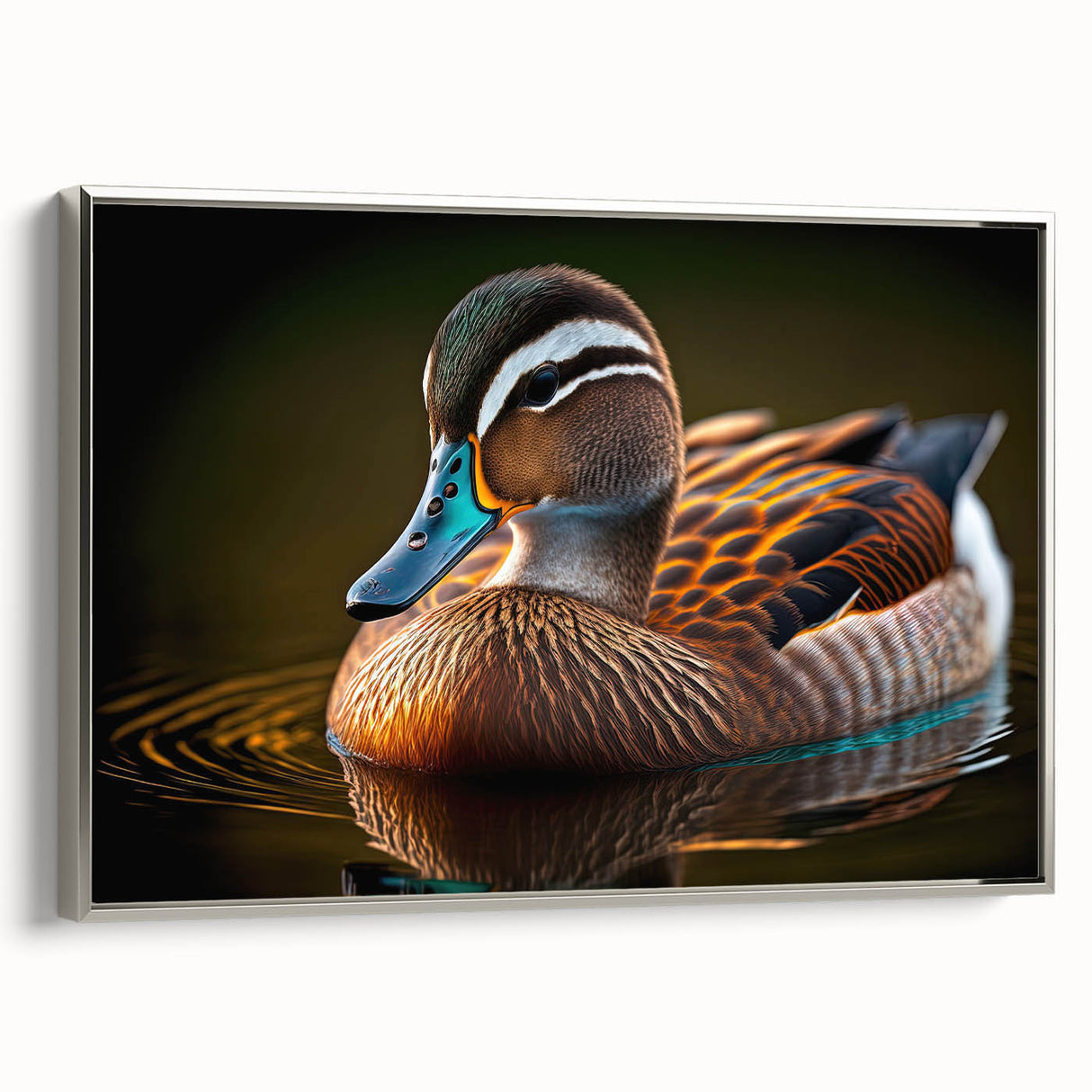 Framed wall art featuring a stylish duck design on canvas, elegantly displayed with a silver frame, perfect for enhancing modern home decor.