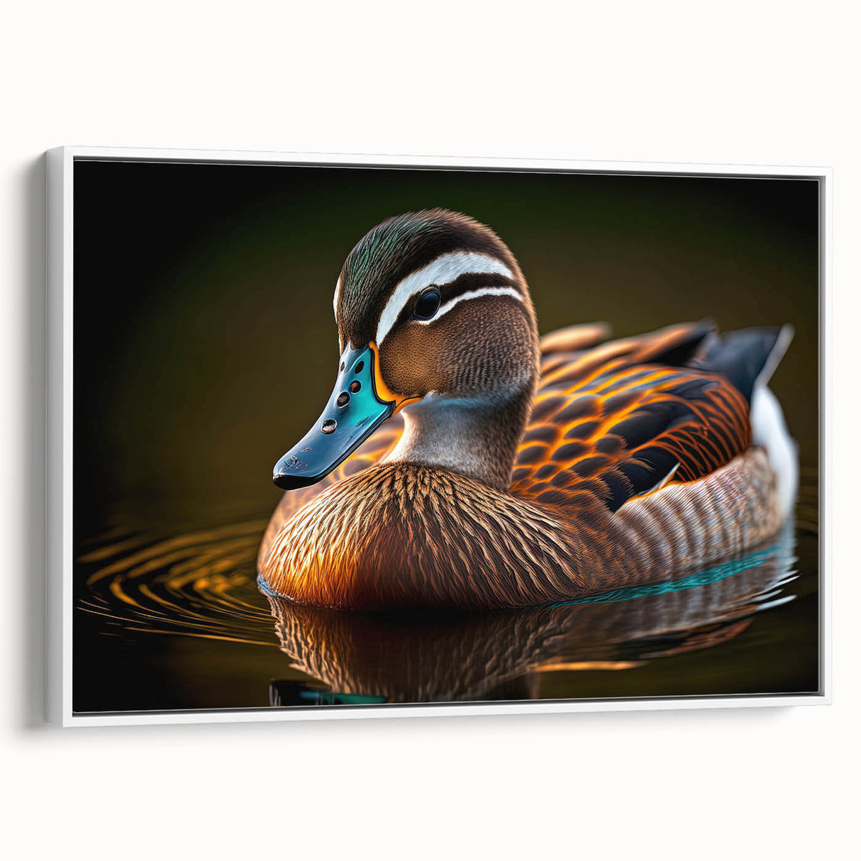 Framed wall art featuring a serene duck design on a white canvas, showcasing vibrant colors and intricate details, ideal for home decor and nature lovers.