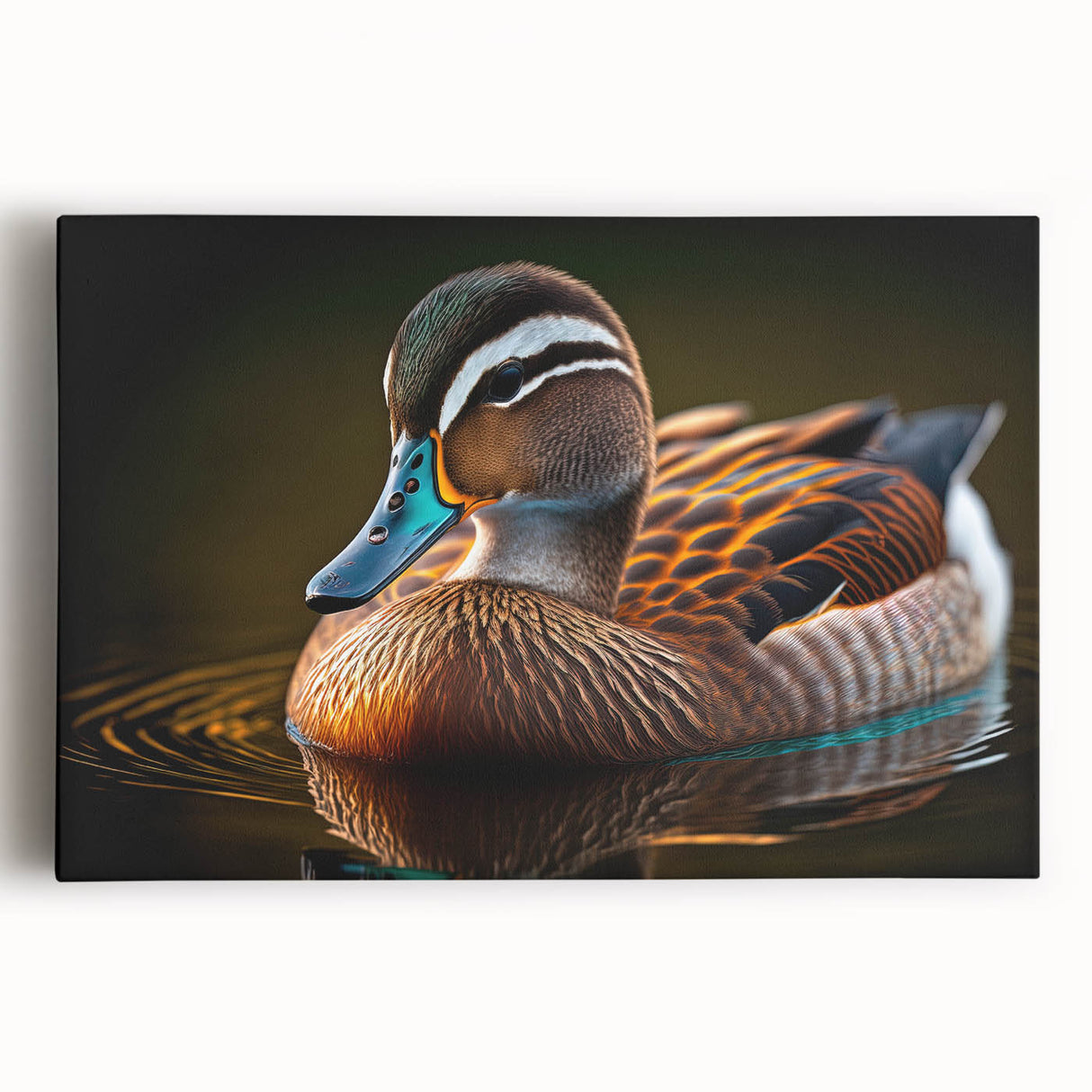 Stretched canvas wall art depicting a vibrant duck design with intricate details, perfect for home decor, showcasing bright colors and a modern artistic style.