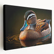 Stretched canvas wall art featuring a vibrant duck design in earthy tones, showcasing intricate details and textures, perfect for home decor enthusiasts.
