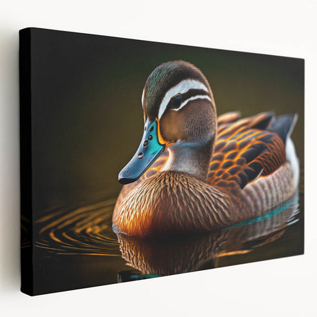 Stretched canvas wall art featuring a vibrant duck design in earthy tones, showcasing intricate details and textures, perfect for home decor enthusiasts.