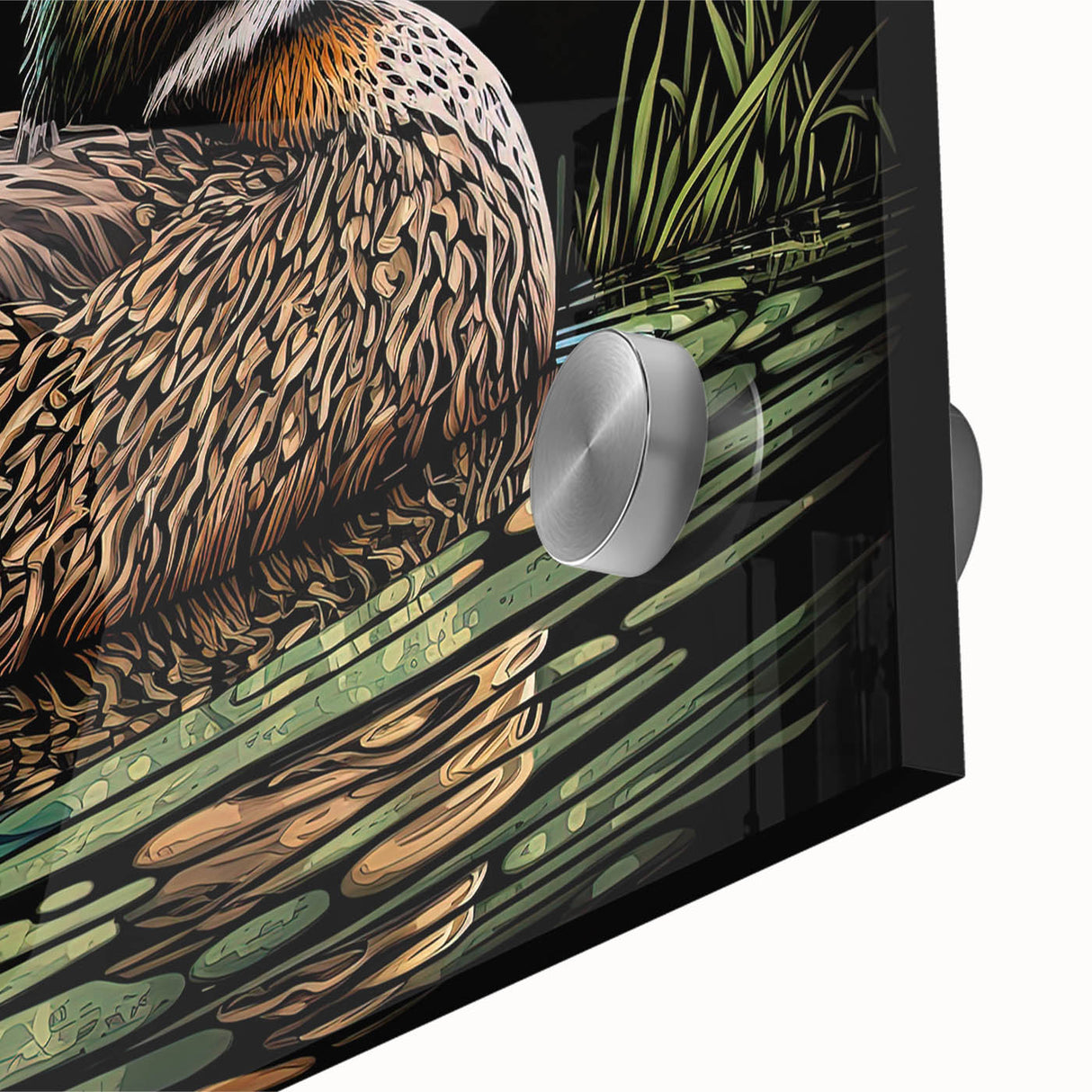 Close-up of a vibrant acrylic glass wall art piece featuring a colorful duck design, ideal for enhancing home decor with nature-inspired aesthetics.