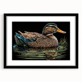 Framed black wall art featuring a minimalist duck design, accented with a white mat, ideal for modern home decor and nature-themed interiors.