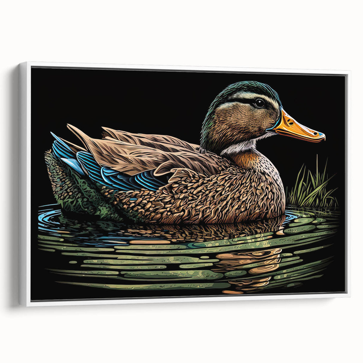 Framed canvas wall art showcasing a whimsical duck design in vibrant colors, displayed against a white background, ideal for children's rooms or playful decor.