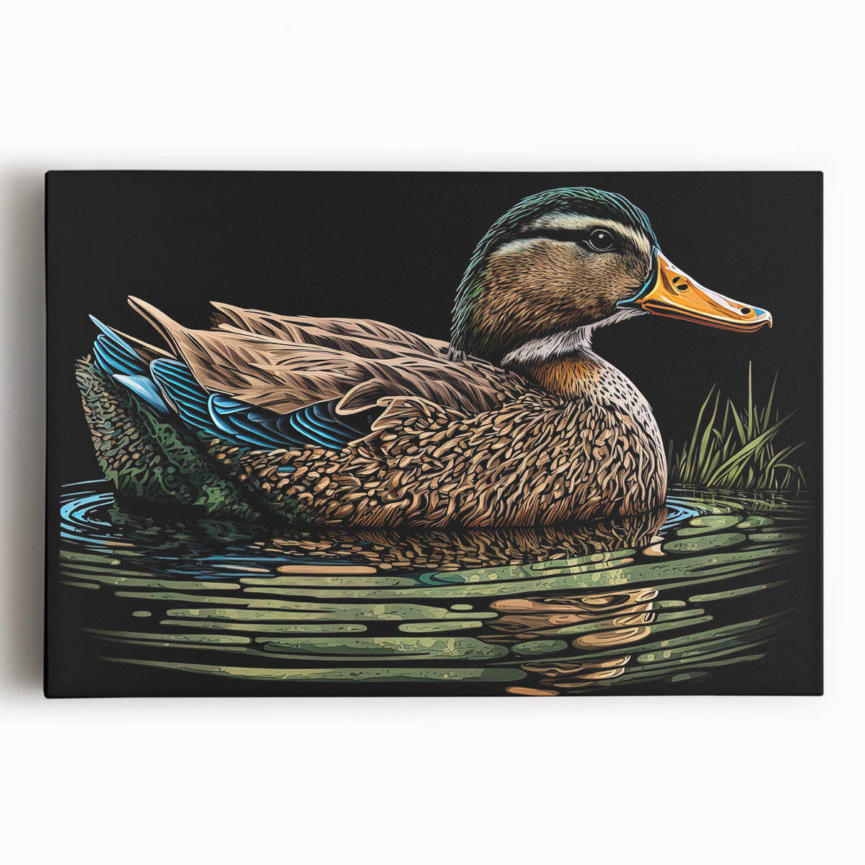 Colorful wall art featuring a whimsical duck design on stretched canvas, showcasing intricate details and vibrant hues, ideal for enhancing home decor.