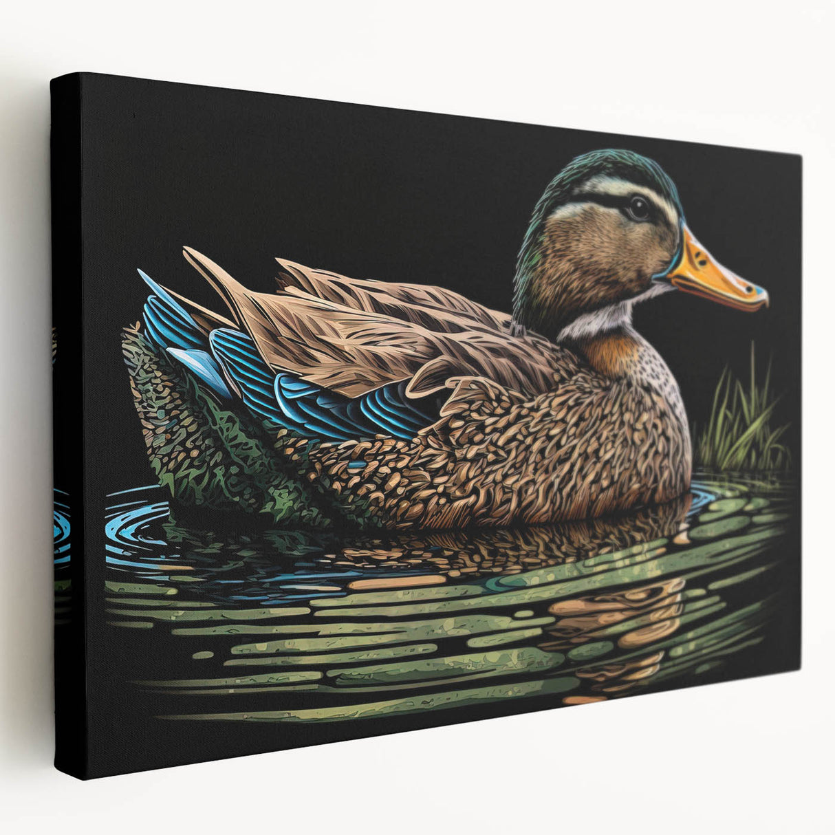 Stretched canvas wall art featuring a colorful duck design with vibrant hues and intricate details, perfect for enhancing home decor in a modern setting.
