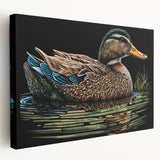 Stretched canvas wall art featuring a colorful duck design with vibrant hues and intricate details, perfect for enhancing home decor in a modern setting.