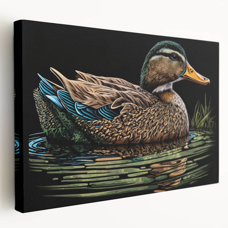 Stretched canvas wall art featuring a colorful duck design with vibrant hues and intricate details, perfect for enhancing home decor in a modern setting.