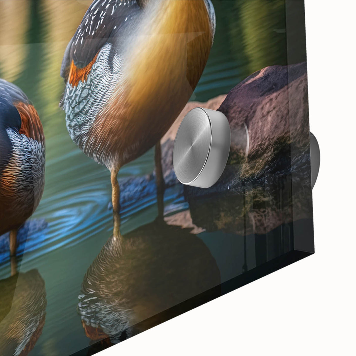 Close-up view of a vibrant duck design wall art piece, showcasing rich colors and intricate details on acrylic glass, perfect for home decor enhancement.