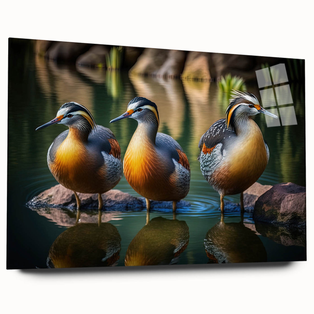 Colorful wall art collection featuring a side view of a duck design printed on acrylic glass, showcasing vibrant hues and intricate details, perfect for modern decor.