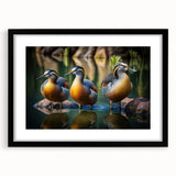 Framed wall art featuring a whimsical duck design on a textured background, showcased in a sleek black frame with a white mat, perfect for home decor.