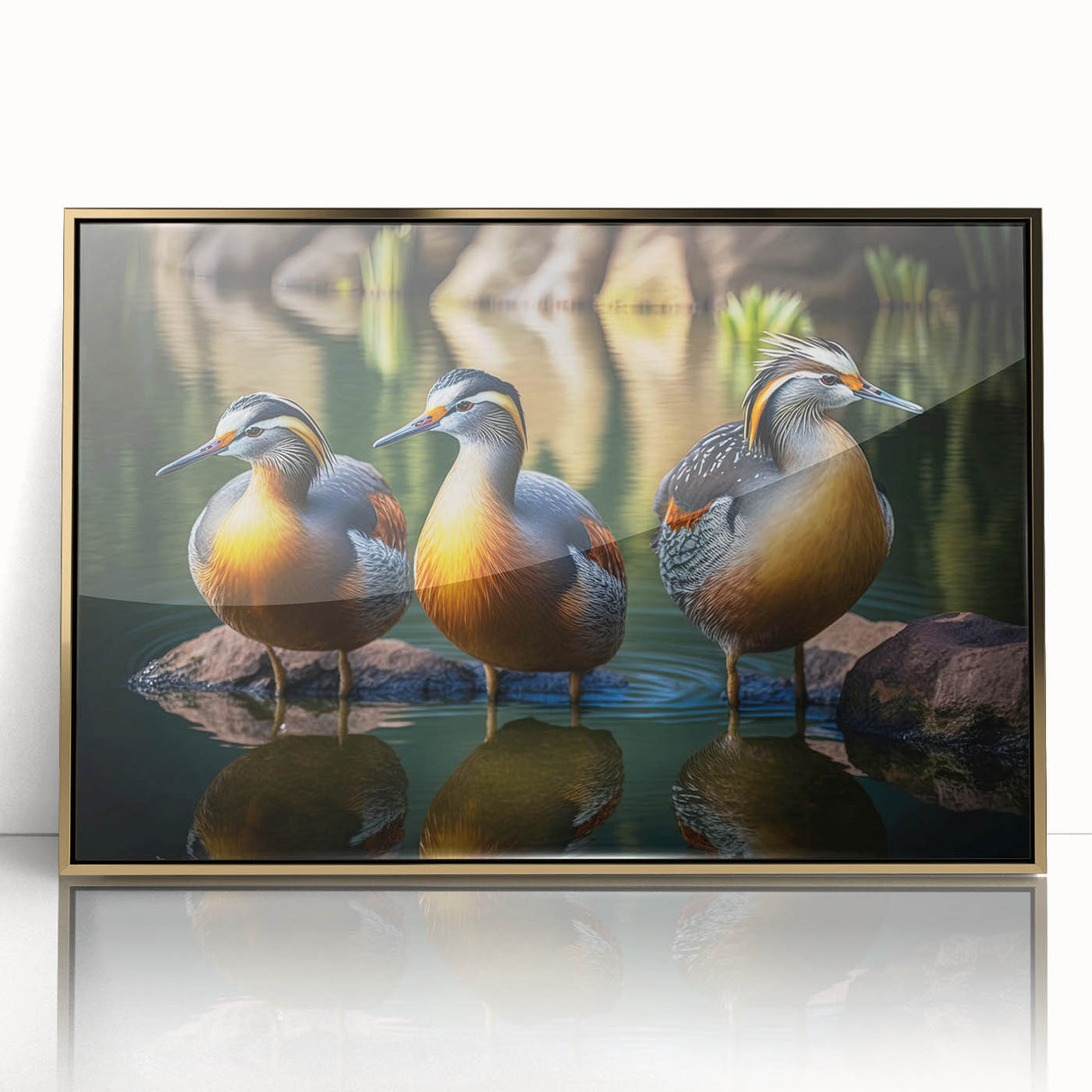 Framed wall art featuring a decorative duck design in vibrant colors, set in an elegant gold frame, ideal for enhancing modern home decor.