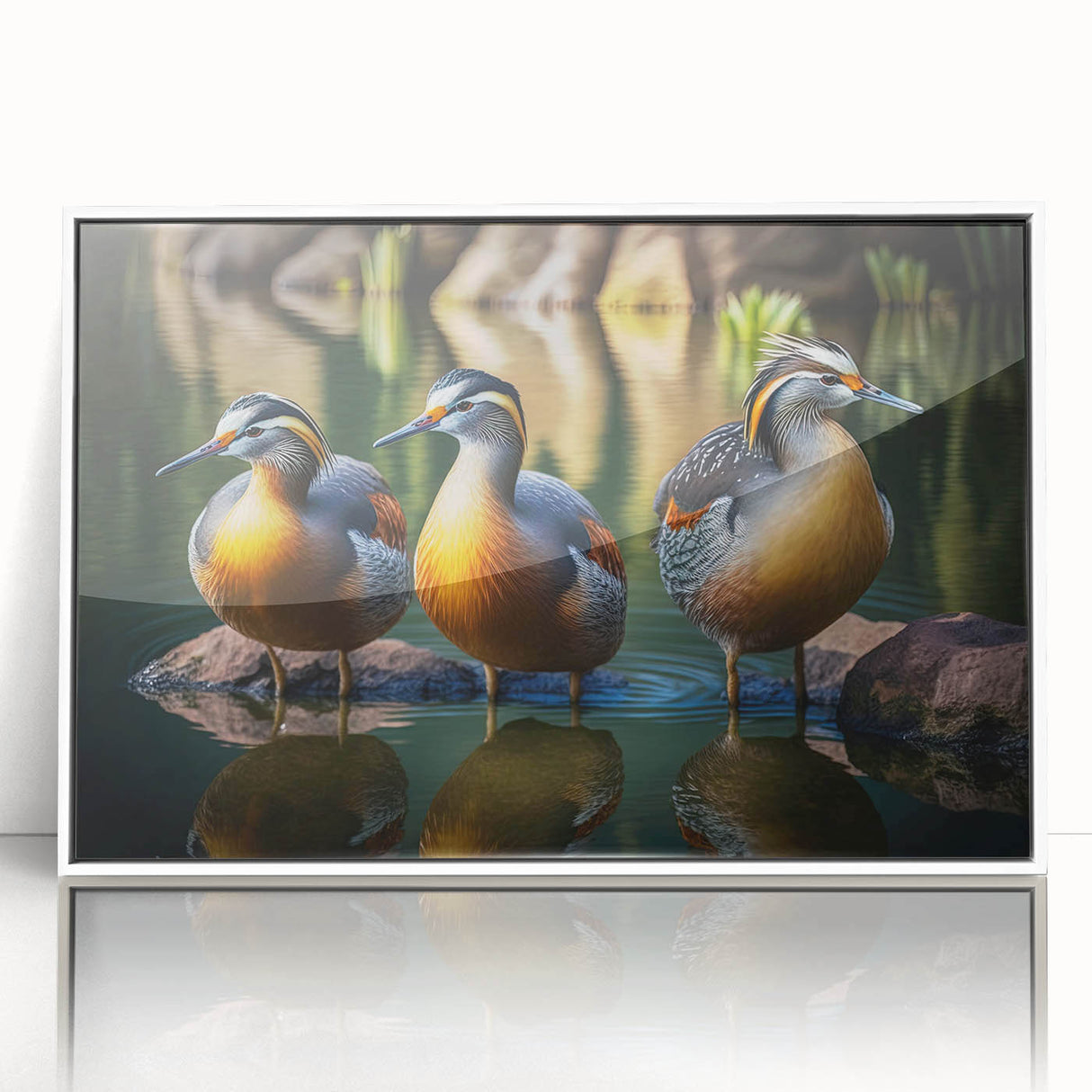 Framed wall art showcasing a vibrant duck design, featuring a white frame and acrylic glass, perfect for enhancing modern home decor with a touch of nature.