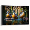Framed wall art featuring a stylish duck design on high-quality canvas, set against a black background, showcasing elegant contours and vibrant colors.