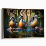 Framed canvas wall art showcasing a stylish duck design with gold accents, ideal for enhancing modern home decor. Side view highlights its elegant frame.