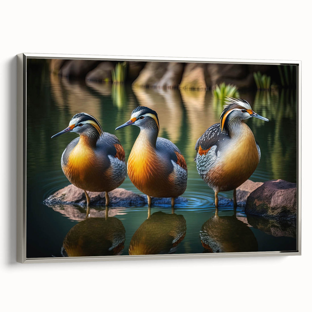 Framed canvas wall art showcasing a stylish duck design in silver tones, adding a modern touch to home decor. Perfect for bird lovers and art enthusiasts.