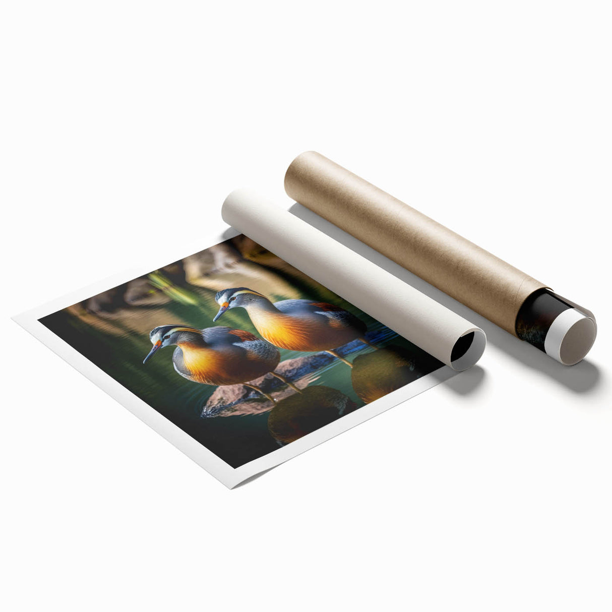 Rolled print showcasing a vibrant duck design in a whimsical style, perfect for adding a touch of nature-inspired decor to any space, packaged securely in a tube.