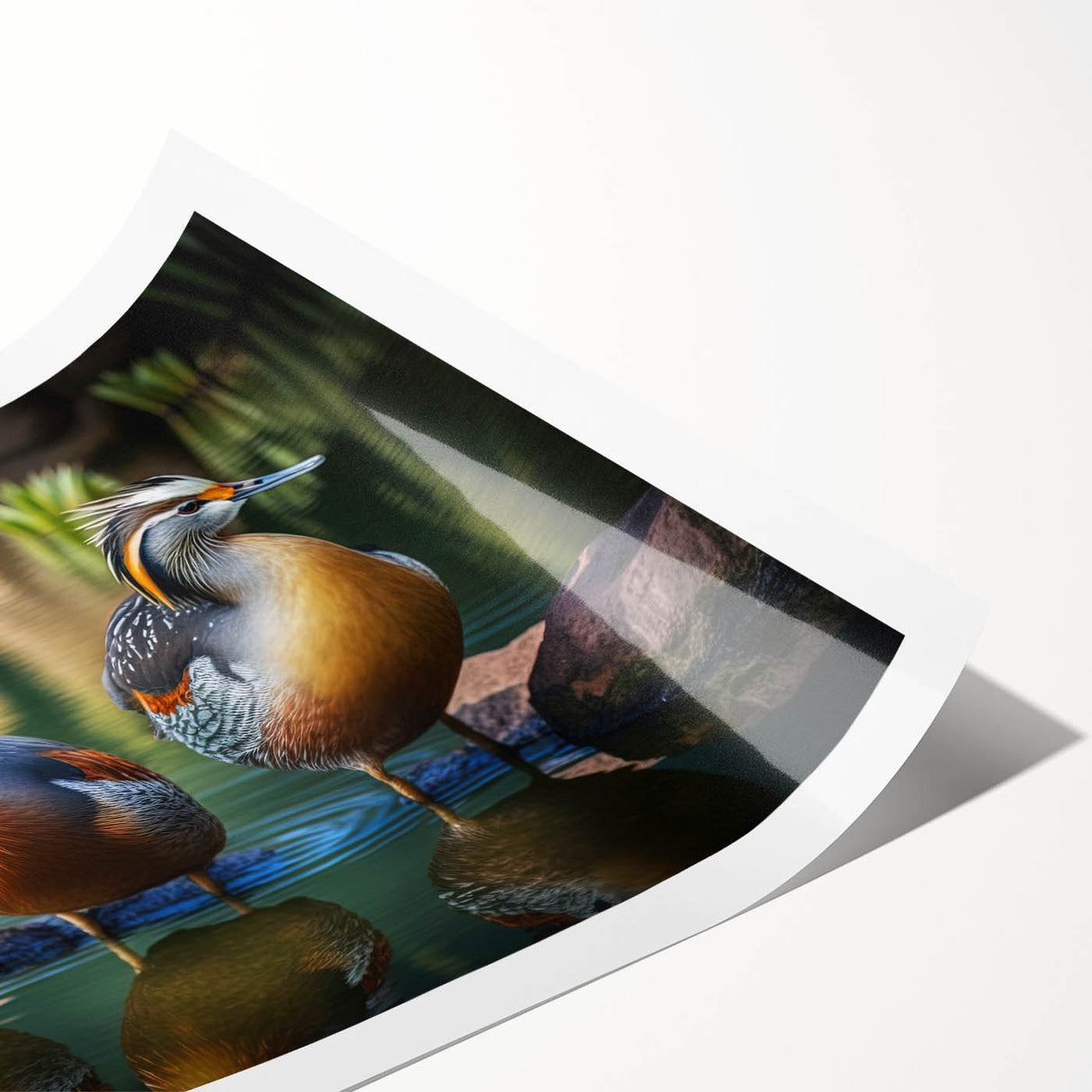 Decorative wall art print showcasing a vibrant duck design on a textured background, rolled and ready for display, ideal for enhancing home decor aesthetics.