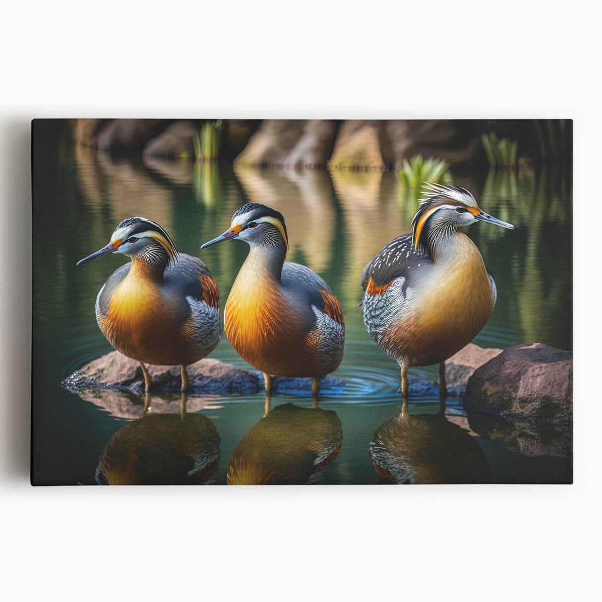 Colorful duck-themed wall art on stretched canvas, showcasing intricate bird designs against a vibrant background, perfect for home decor and nature enthusiasts.