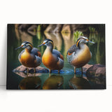 Colorful stretched canvas wall art featuring a whimsical duck design, leaning against a white wall, perfect for adding a playful touch to home decor.
