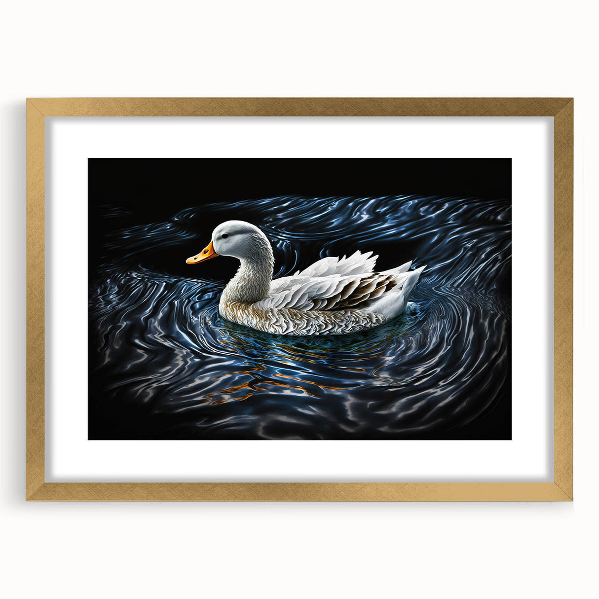 Elegant wall art featuring a duck design within a gold frame and mat, showcasing detailed craftsmanship. Perfect for enhancing home decor with a touch of nature.