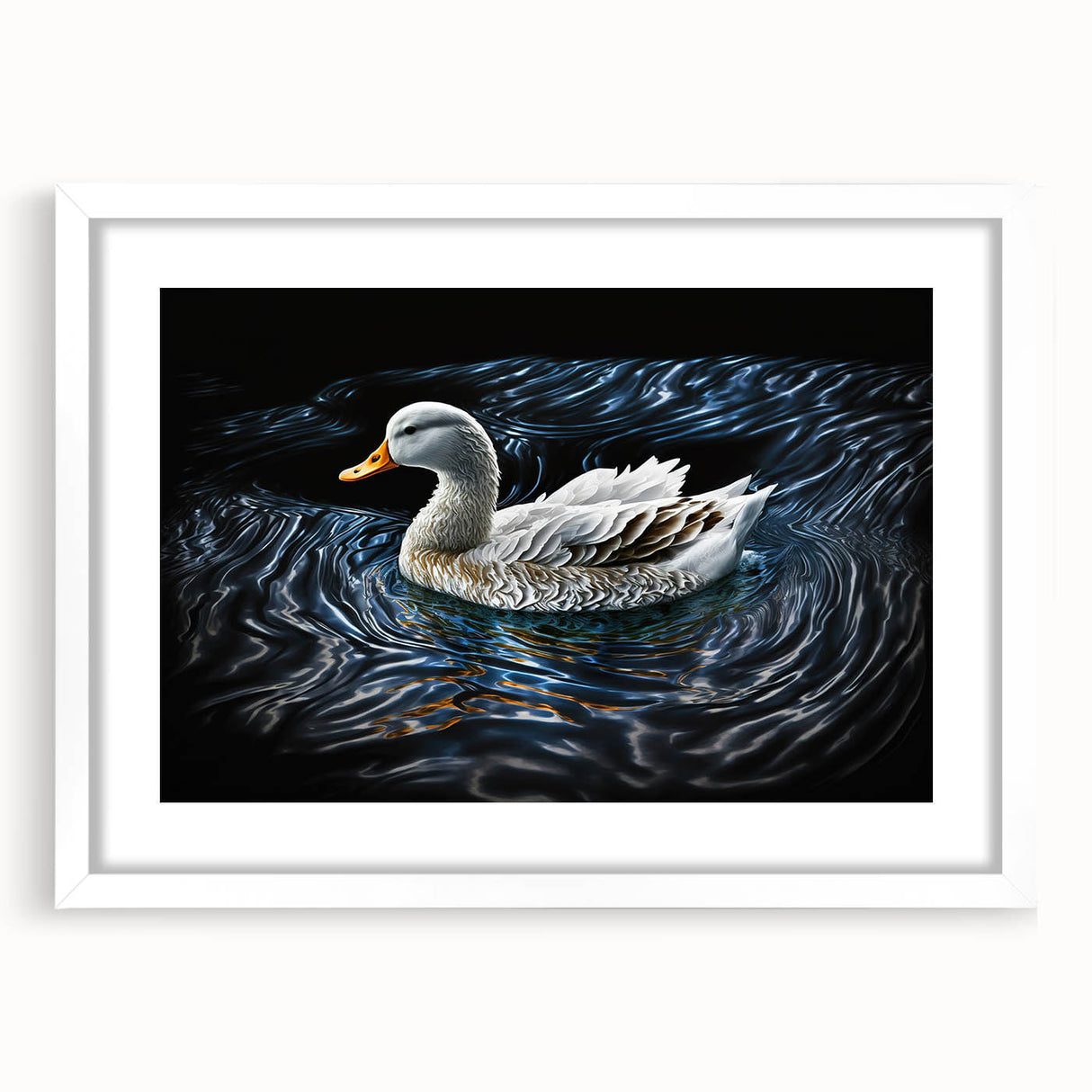 Framed wall art featuring a vibrant duck design in a white mat, showcasing colorful birds against a minimalist background. Perfect for home decor enthusiasts.