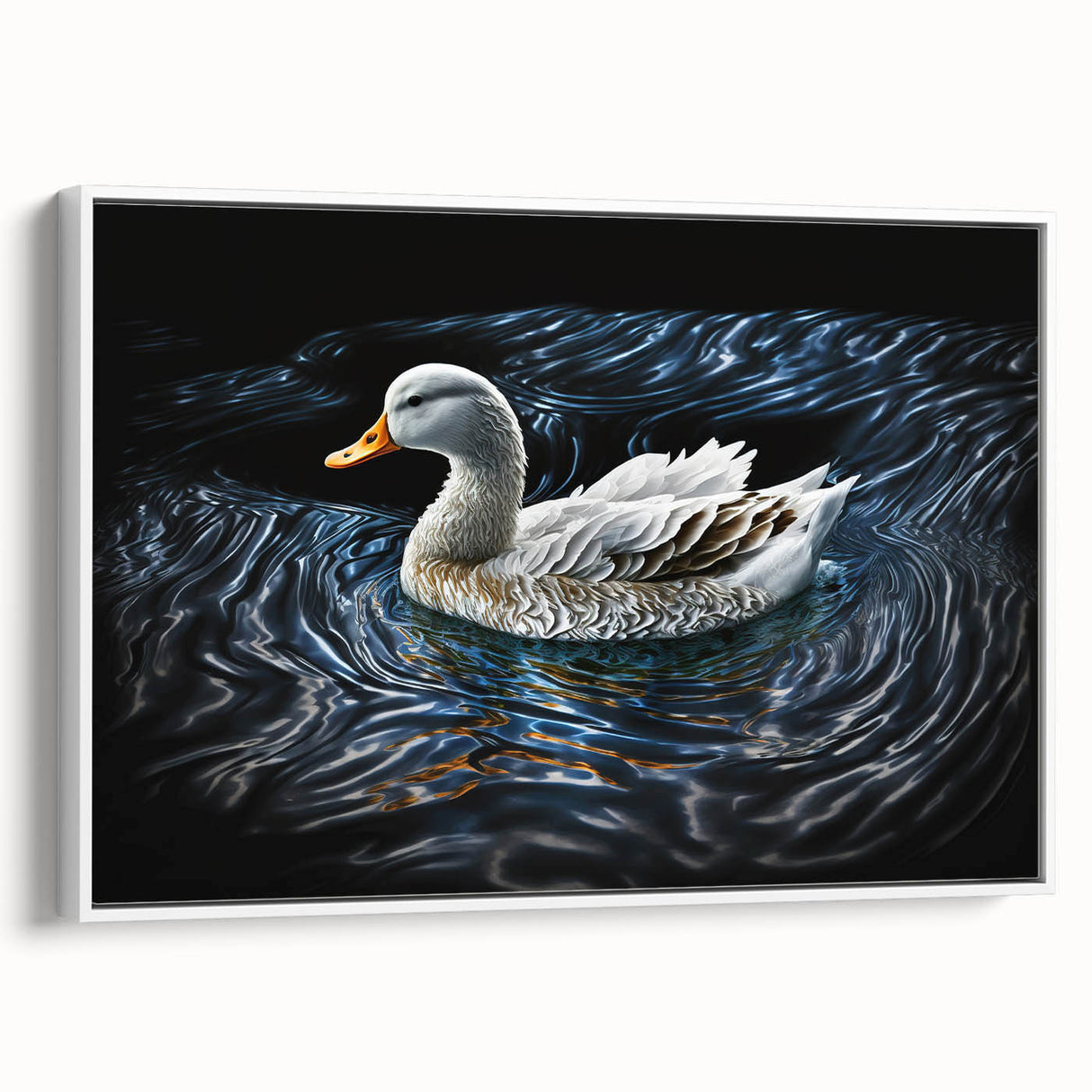 Framed wall art featuring a serene duck design in soft colors, showcasing intricate detailing and a white frame, ideal for enhancing home decor aesthetics.