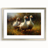 Framed wall art featuring a stylish duck design in a silver frame, complete with a white mat, perfect for enhancing modern decor in living spaces.