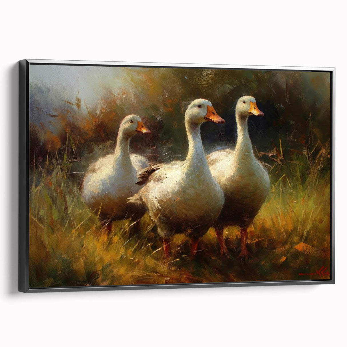 Framed wall art featuring a stylish duck design on canvas, with a sleek black frame, showcasing vibrant colors and intricate details, perfect for home decor.