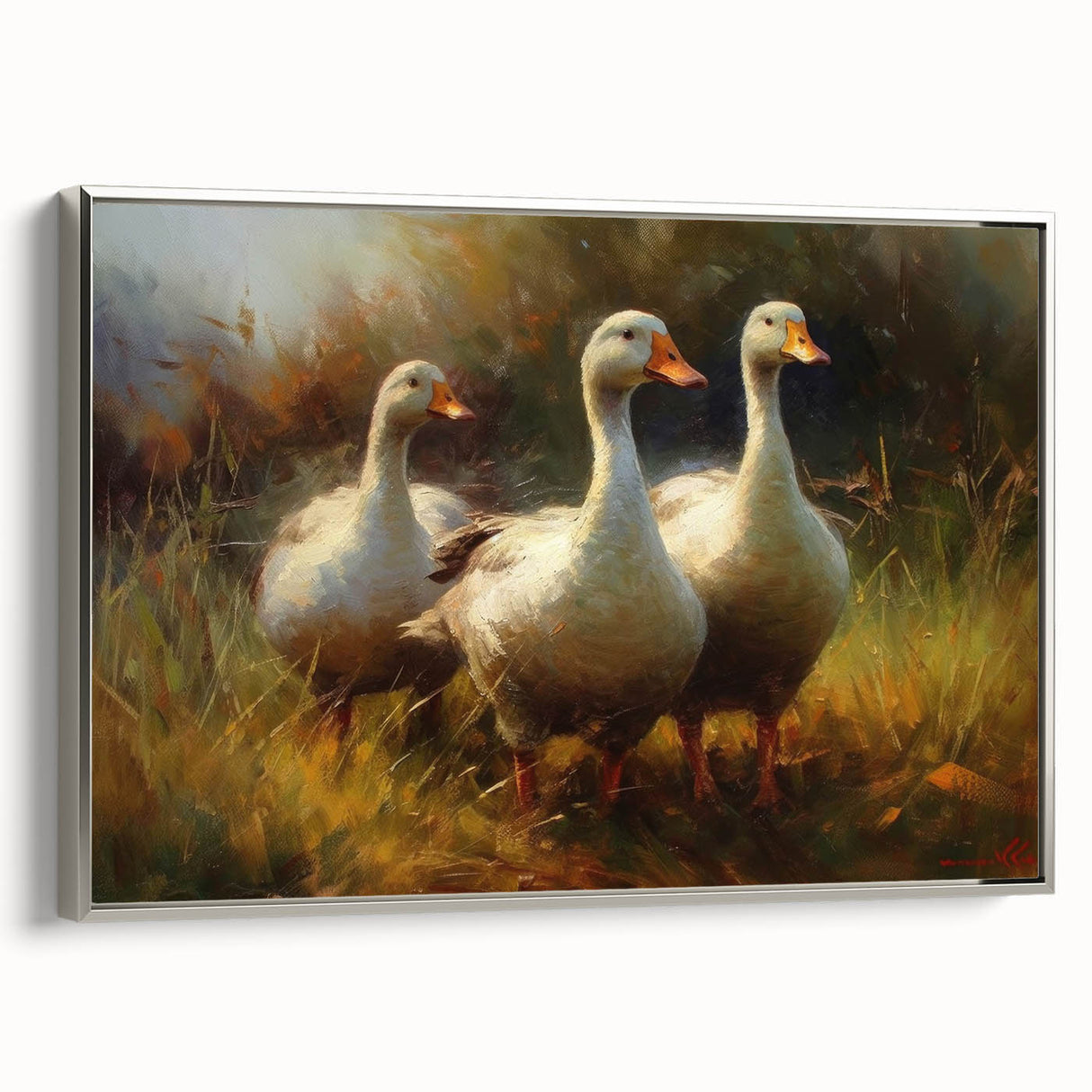 Framed wall art featuring a duck design with intricate details in a silver frame, showcasing vibrant colors on a textured canvas, ideal for enhancing home decor.