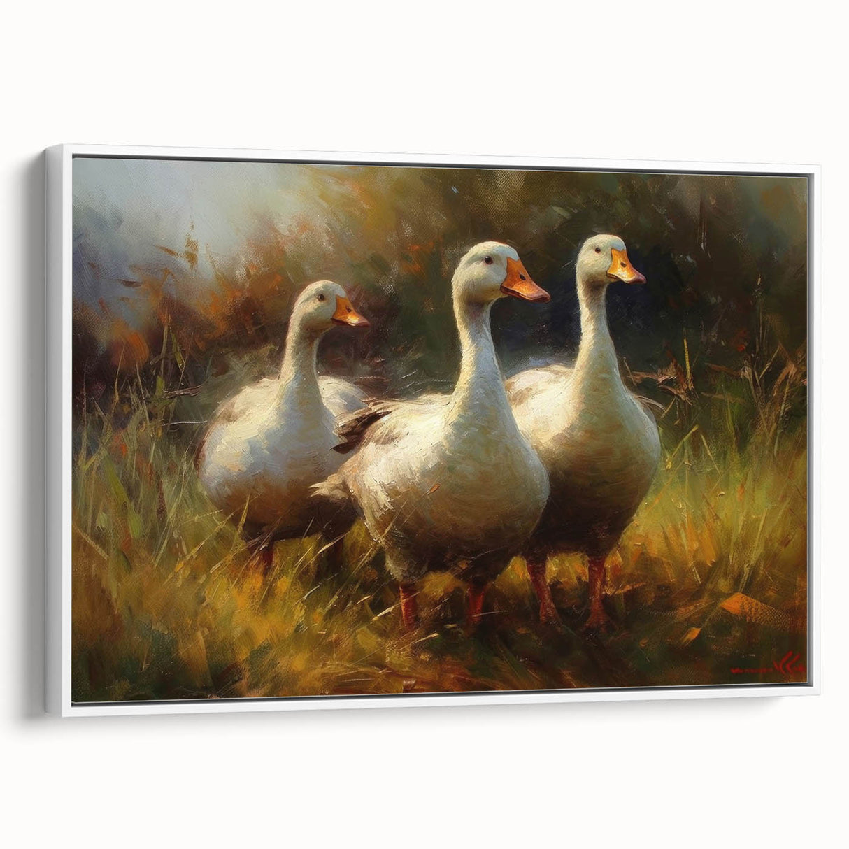 Framed canvas wall art showcasing a charming duck design, elegantly displayed from a white side view, perfect for enhancing home decor with nature-inspired aesthetics.