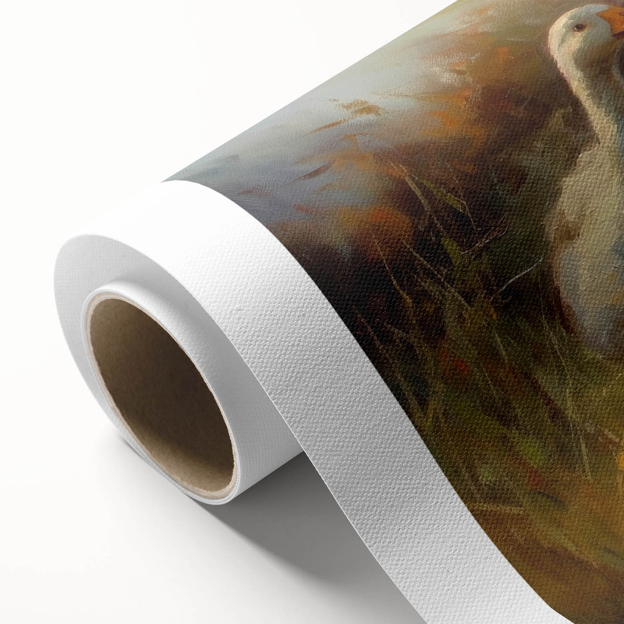 Rolled canvas depicting a vibrant duck design wall art collection, showcasing colorful birds on a textured surface, ideal for home decor enhancement.