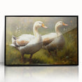 Framed wall art featuring a stylish duck design in vibrant colors, set against a sleek black frame, perfect for modern home decor and avian enthusiasts.